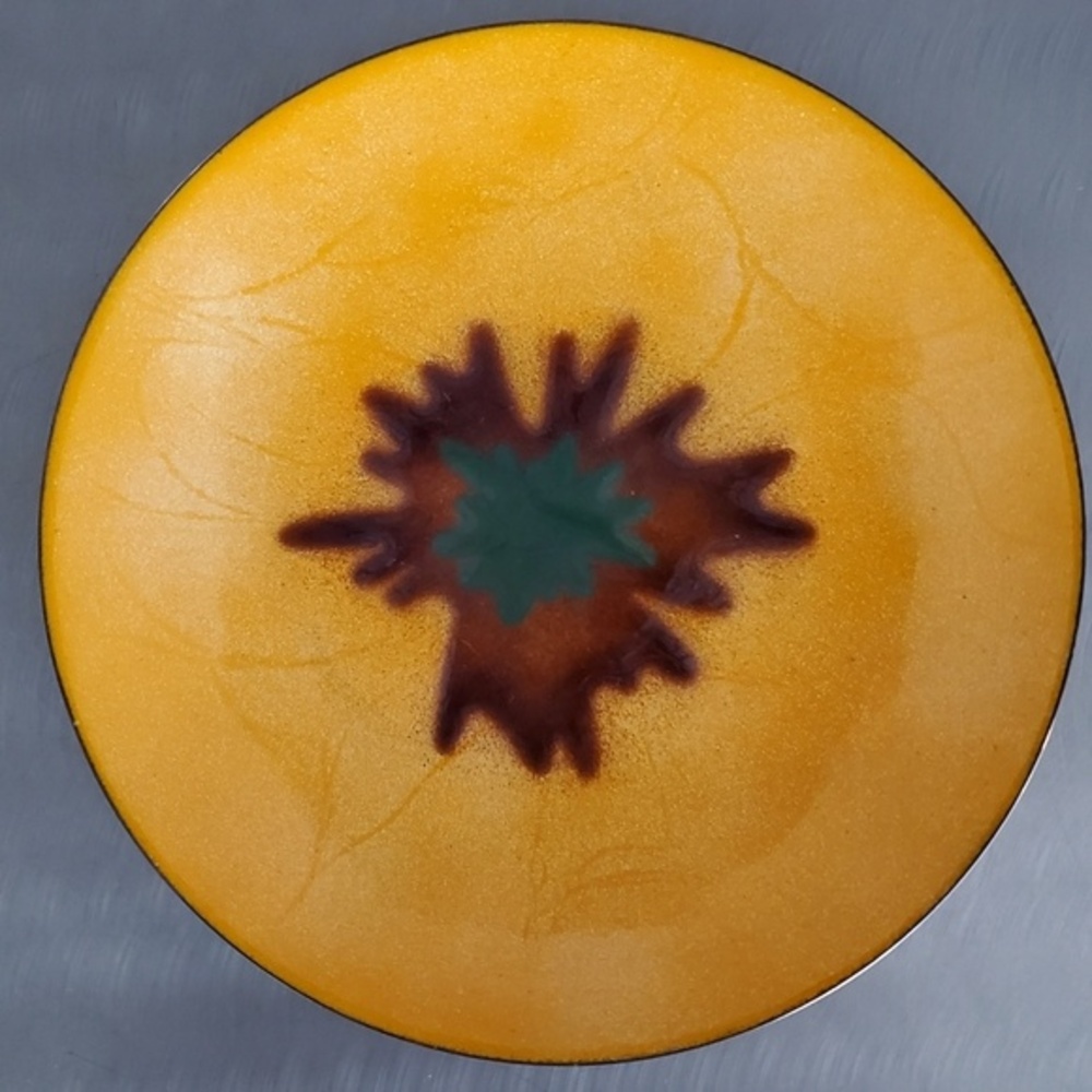 Vintage Mid Century Enamel on Copper Yellow Sunburst Abstract Shallow Bowl 7.75"